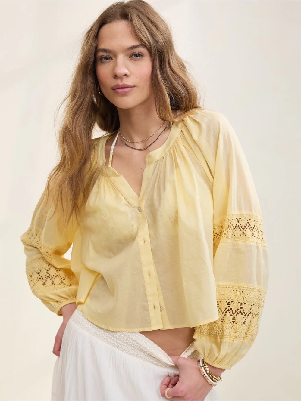 aerie Pale Yellow Crochet-Panel Button Front Blouse
